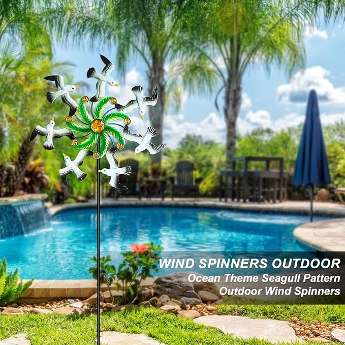 Seagull Wind Spinners - 39" Ocean-Themed Metal Wind Sculptures Garden Stake Art, 13.5” Windmill Yard Kinetic, Outdoor Decor for Patio & Lawn - Metal Beach Sculpture with Seagull Design
