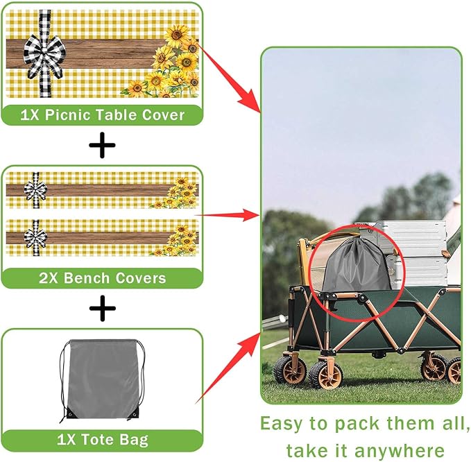 Picnic Table Cover with Bench Covers, Sunflower Buffalo Plaid Farmhouse Wood Waterproof Elastic Fitted Tablecloths Outdoor Camping Essentials, with Drawstring Bag, 96in, Yellow
