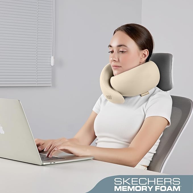Skechers Memory Foam Travel Pillow,Comfortable & Breathable Airplane Travel Essential, Neck Pillow for Travel, Car Rides, Home, and Office Use, Ergonomic Design for Men and Women,Beige