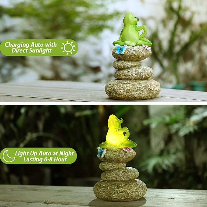 Solar Garden Statues Outdoor Frog Decor, Garden Sculptures Stones Solar Statue Novelty Yoga Frog Figurine Decoration for Patio Yard Porch Art Home Decor