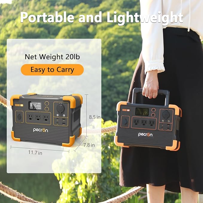 pecron Portable Power Station 614Wh E600LFP with 200W Solar panel Solar Generator with 3X1200W AC Outlets 100W USB-C PD Output LiFePO4 Battery Backup for Outdoor Camping Emergency