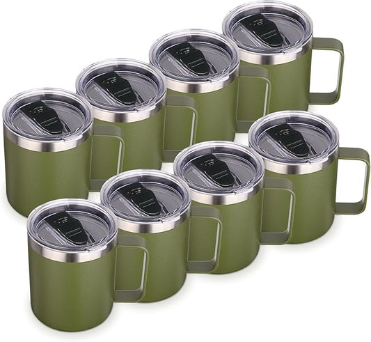 Volhoply 14oz Insulated Stainless Steel Coffee Mug with Lid Bulk 8 Pack,Double Wall Vacuum Travel Coffee Cup with Handle,Reusable Cups Tumbler,Camping Mugs Keep Hot, Ideal Gifts(Army Green,8)