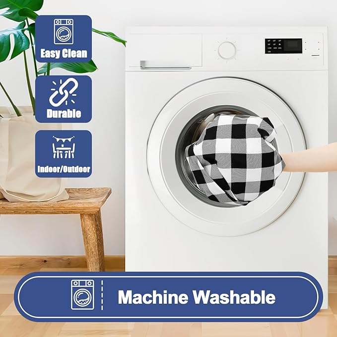 Smiry Picnic Table Cover with Bench Covers, Waterproof Elastic Fitted Tablecloths for 8 Foot Rectangle Tables, Washable Buffalo Plaid Tablecloth for Camping, Outdoor (Black & White, 30"x96")