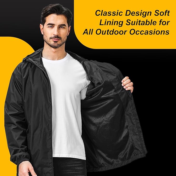 Men's Packable Rain Jacket Waterproof Outdoor Classic Lightweight Raincoat Hooded Windbreaker