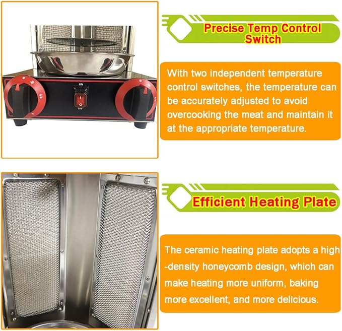Shawarma Grill Machine LP Gas Gyro Grill Oven Vertical Broiler Rotating Doner Kebab Machine Countertop Rotisserie with 2 Burners for Home Kitchen Adjustable Tempereture