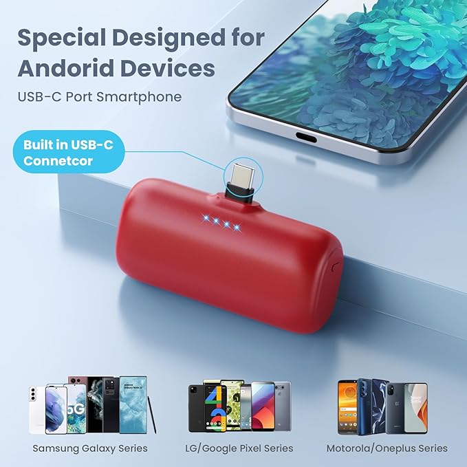 Mini Portable Charger for iPhone 16/15 Series,5200mAh 3A PD USB C Fast Charging Power Bank, Ultra-Compact Cell Phone Battery Pack for iPhone 16/16Plus/15/15Plus/15Pro Max,Samsung,Android,Moto,iPad-Red