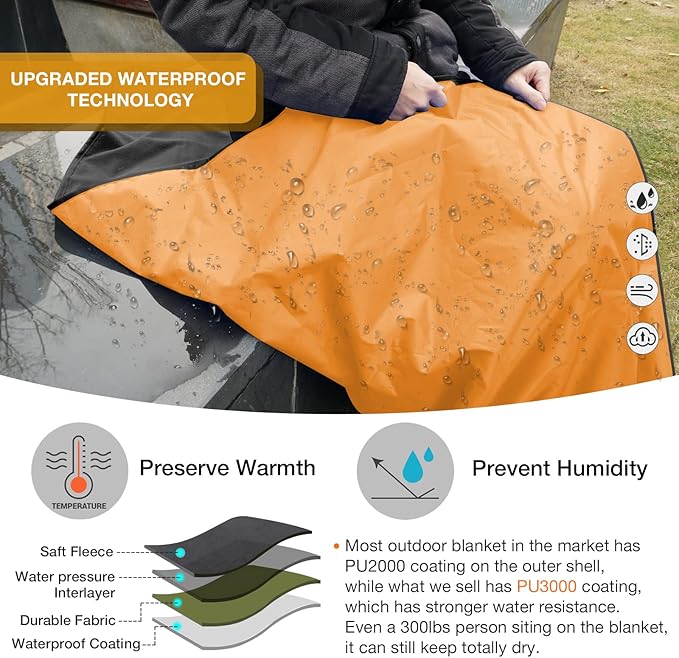 DUKUSEEK Hooded Outdoor Blanket, Extra Large (79 "x 56") Waterproof Camping Blanket, Quilted Fleece, Warm, Windproof, Sand Proof, Portable and Wear-Resistant, for Sports, Picnic, Hiking, Travel…