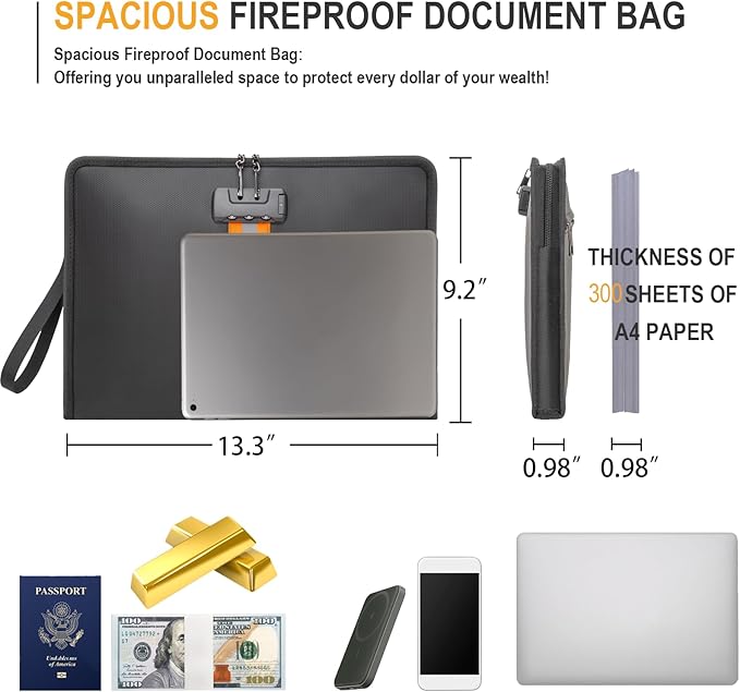Fireproof Document Bag with Lock，13"×9.2" Fireproof Money Bag，with Zipper and Lock，Suitable for Tablets, A4 Documents, Cash, Mobile Phones, Credit Cards and Notarized Documents.