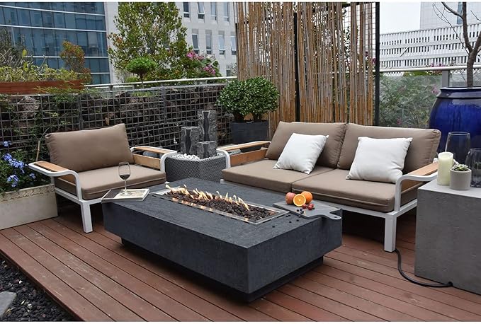 Elementi | Hampton Gas Fire Pit Cast Concrete 56" Rectangular Fire Table, Outdoor Fire Pit Electronic Ignition | Canvas Cover, Lava Rock Included | Dark Gray (Propane Gas)