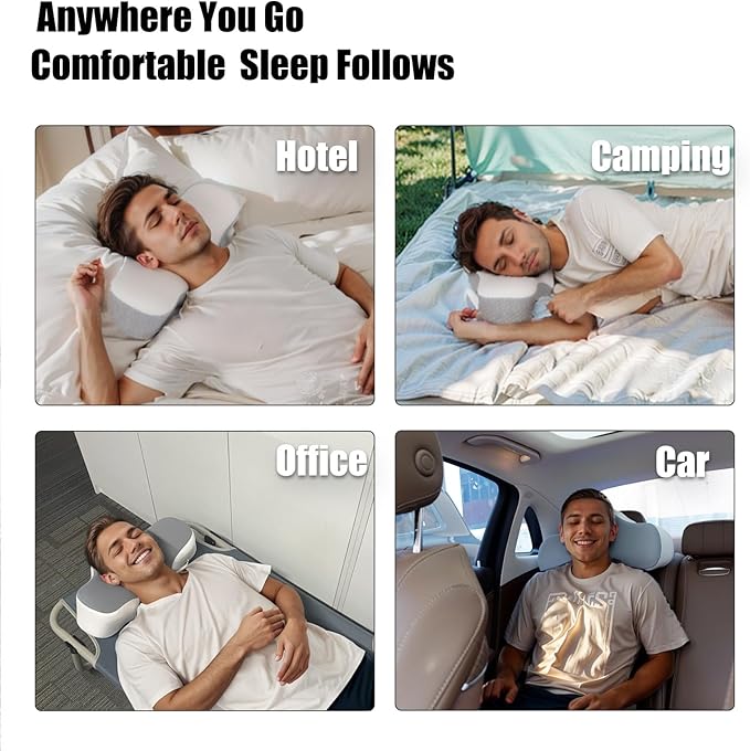 Bespilow Travel Pillow for Sleeping,Cervical Neck Support Pillow for Neck Pain Relief,Lightweight Ergonomic Memory Foam Camping Pillow,Portable Contour Pillows w/Travel Storage Bag,Cooling Cover
