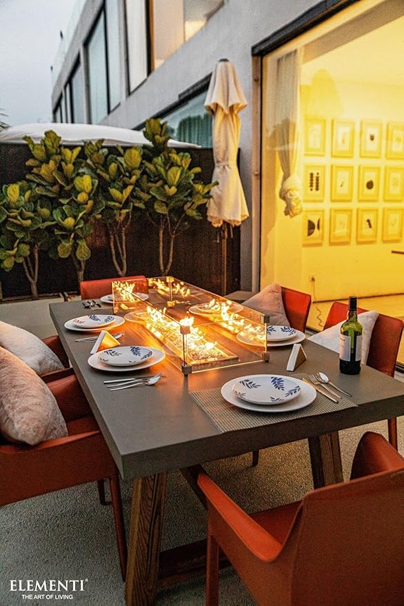 Elementi | Bundle Sonoma Gas Fire Pit Cast Concrete Rectangular Dining Fire Table, Outdoor Fire Pit Electronic Ignition | Canvas Cover, Lava Rock Included | Natural Gas
