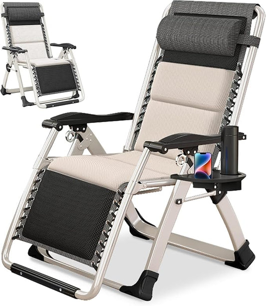 NAIZEA Padded Zero Gravity Chair, Folding Outdoor Lounge Chairs, Adjustable Reclining Camping Chairs with Cup Holder, Ergonomic Patio Lawn Chair for Balcony Beach Deck Yard