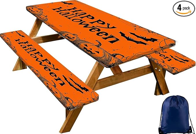 CAPSCEOLL Fitted Picnic Table Cover with Bench Covers with Elastic 8Ft Waterproof Picnic Table Cloths Windproof Outdoor Camping Tablecloth with Drawstring Bag, 96X30in, Happy Halloween