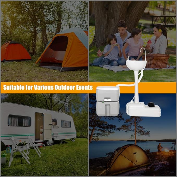 Giantex Outdoor Wash Sink and Potable Toilet Set 4.5 Gallon Sink & 5.3 Gallon Toilet, Flush Wastewater Recycled W/Tower Holder, Level Indicator, 3 Way Flush for Camping Portable Sink and RV Toilet