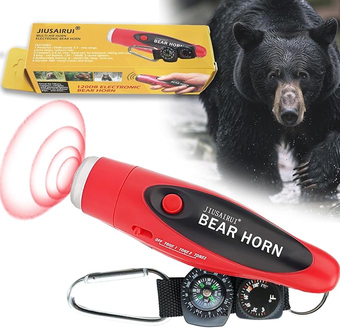 120dB Electronic Air Horn with Compass & Thermometer- Bear Horn to Scare Bears - Self Defense for Hiking