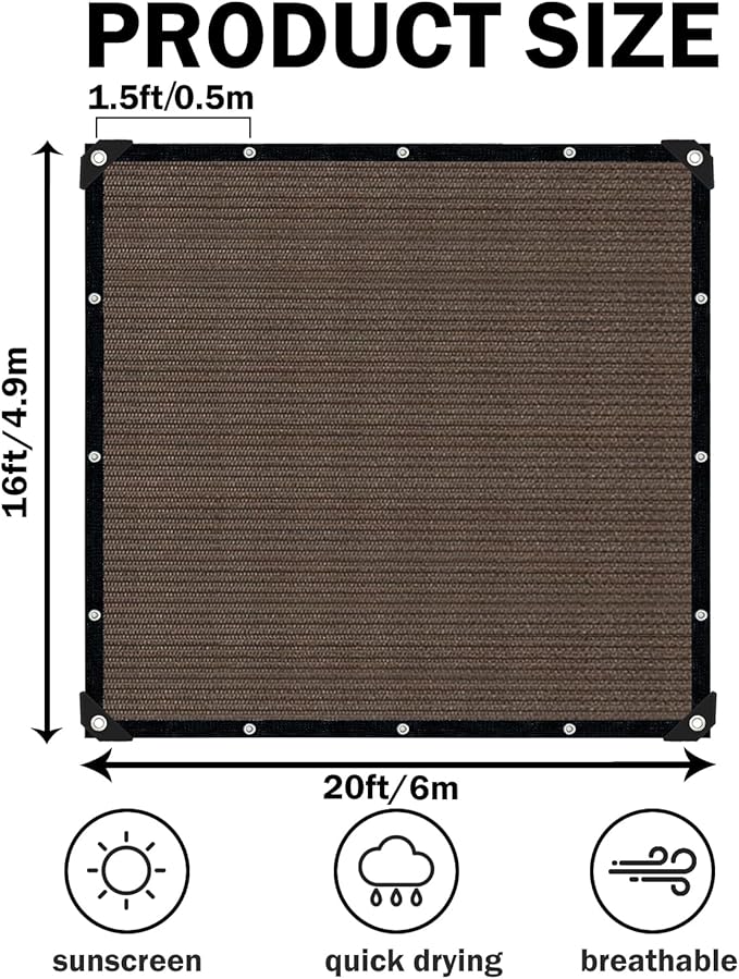 Mocha Sun Shade Cloth,Pergola Shade Cover with Reinforced Grommets,90% Shade Fabric Fence Privacy Screen Balcony,Pergola Shade Cover Canopy Garden Carport Porch Deck Patio Shade,16x20FT