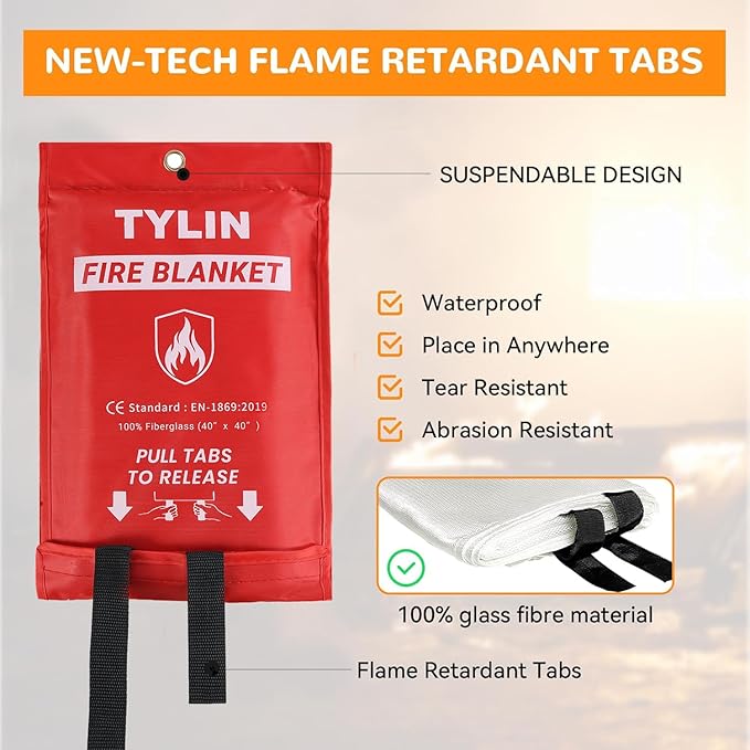 TYLIN Emergency Fire Blanket for Home & Kitchen 40” x 40” - 2 Pack, High Heat Resistant Fire Suppression Blankets for Home Safety, Kitchen, and Camping Fiberglass Welding (2)