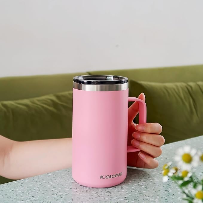 KXIAOCHEN 20oz Insulated Coffee Mug with Lid, Stainless Steel Coffee Cup, Double Wall Vacuum Coffee Tumbler with Handle, Premium Thermal Travel Coffee Mug (Pink)