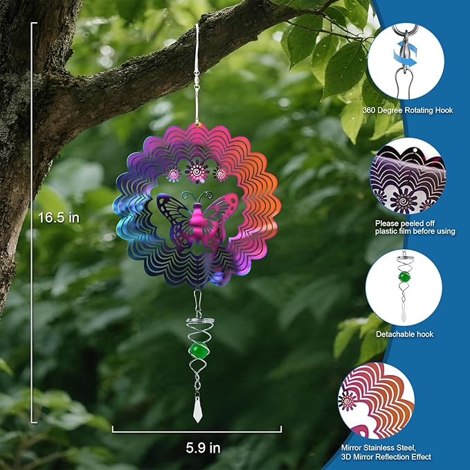 16.5in Wind Spinners Outdoor with Spiral Tail, Metal Hanging 3D Wind Spinner Stainless Steel Sparkly Bird Devices to Scare Birds Away from Yard Decoraction Patio Art Whirligig Gifts
