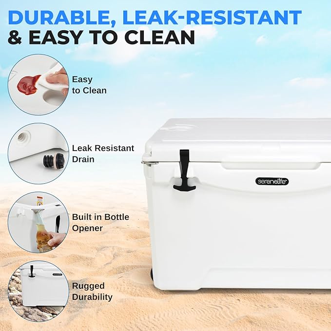 SereneLife Ultra-Tough 25-75 Quart Rotomolded Cooler Box, Holds Upto 64 Cans, Keeps Ice Up to 5 Days, Heavy-Duty Insulated Portable Ice Chest Box, Ideal for Camping, Beach, Picnics, Tailgating, etc