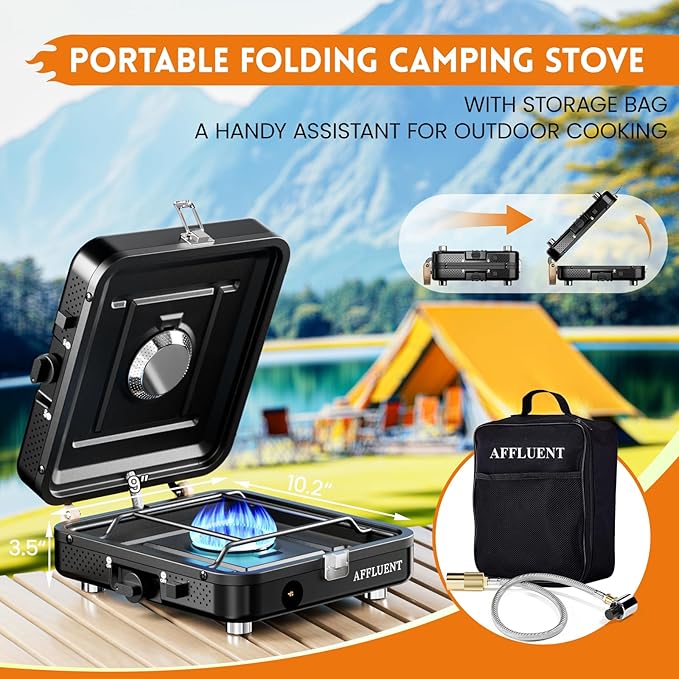 AFFLUENT 2 Burner Propane Camping Stove with Grill and Storage Bag- A Must - Have Camp Stove Propane! Foldable, Featuring Two Adjustable Burners Ideal Portable Camping Stove for Camping & BBQ(Black)