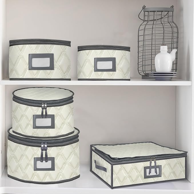 VERONLY 5 Pack China Storage Containers Set (Beige) - Sturdy Quilted Wine Glass & Dish Storage with Dividers - Compact Size