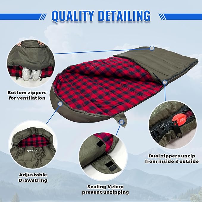 0 Degree Sleeping Bag Cotton Flannel Winter Cold Weather for Adults XXL Sleeping Bag 4 Season Big and Tall with Pillow Compression Sack