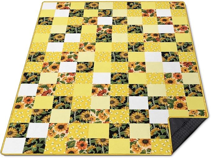 Checkered Picnic Blankets Waterproof Foldable, 60″X80″Sunflower Picnic Mat Outdoor Blanket for Grass, Cute Bee Thick Beach Blanket Sandproof Picnic Accessories for Camping Party Park Patio