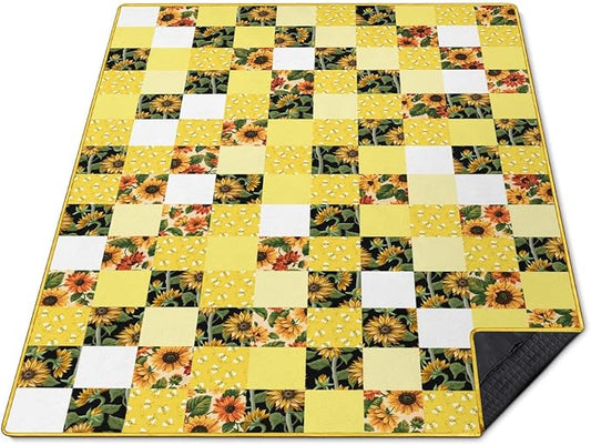Checkered Picnic Blankets Waterproof Foldable, 60″X80″Sunflower Picnic Mat Outdoor Blanket for Grass, Cute Bee Thick Beach Blanket Sandproof Picnic Accessories for Camping Party Park Patio