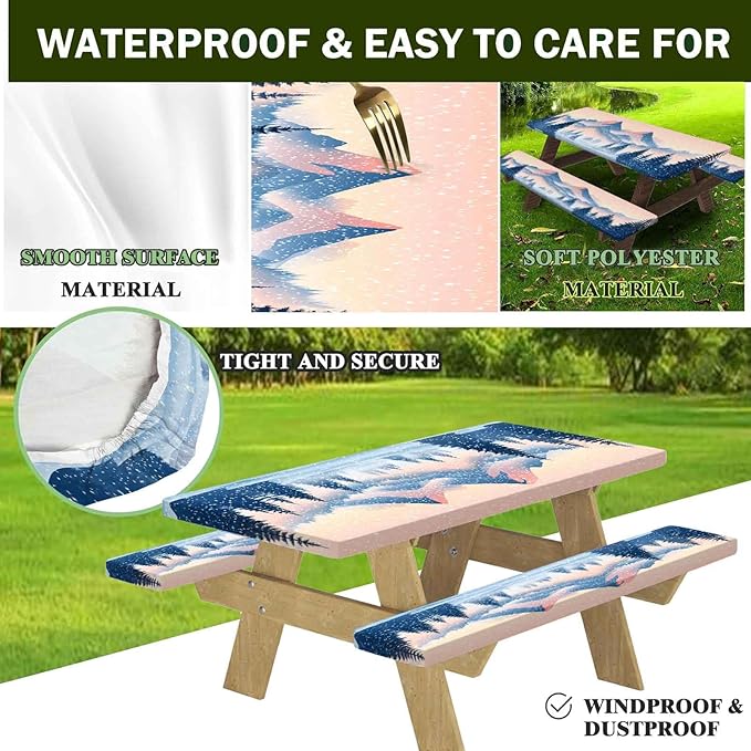 CAPSCEOLL Fitted Picnic Table Cover with Bench Covers with Elastic 6Ft Waterproof Camping Picnic Table Cover Cloths for Outdoors Camping Tablecloth with Drawstring Bag, 72X30in, Snow Mountain