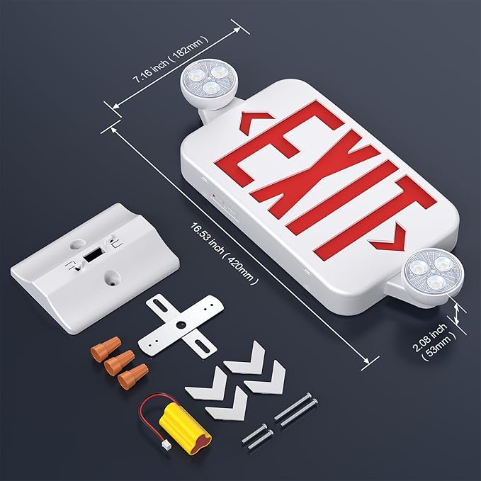 Led Exit Sign Emergency Light Combo Adjustable Two Head,Double Sided and Battery Backup Exit Light,Red Letter Hardwired Emergency Exit Sign,AC 120/277V,UL Listed,Ceiling&Wall Mount (6 Pack)