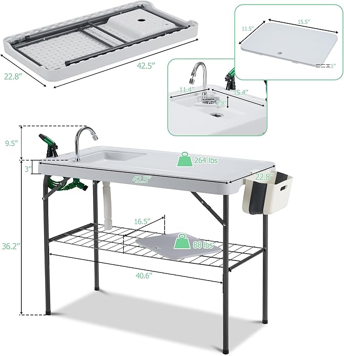 AHB 42" Outdoor Sink Fish Cleaning Table Portable Camping Table with Faucet Hose Hook Up Grid Rack, Fish Fillet Camping Sink Table with 6pc Fish Cleaning Kit for Picnic Beach Patio