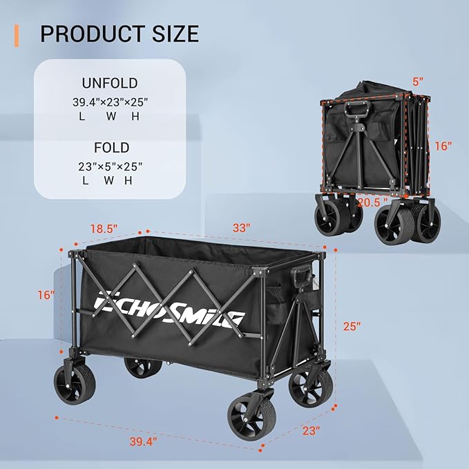 EchoSmile Collapsible Folding Wagon Cart 360lbs, Heavy Duty Garden Utility Cart with All Terrain Wheels, Large Capacity Outdoor Wagon for Camping, Beach, Shopping, Picnic (Black)