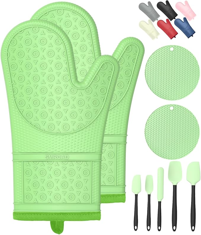 Oven Mitts with Heat-Resistant Hot Pads and Five Silicone Spatulas Designed for Kitchen Baking Cooking, Oven Glove Soft Cotton Lining, Waterproof, BPA-Free (Fluorescent Green, 12.6)