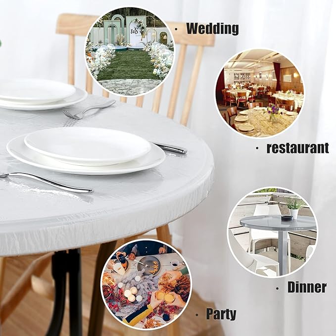 LUSHVIDA Round Waterproof Table Cover Elastic Vinyl Fitted Tablecloth Elastic Edged Plastic Table Cloth (Clear, Best for Up to 45"-56" Round)