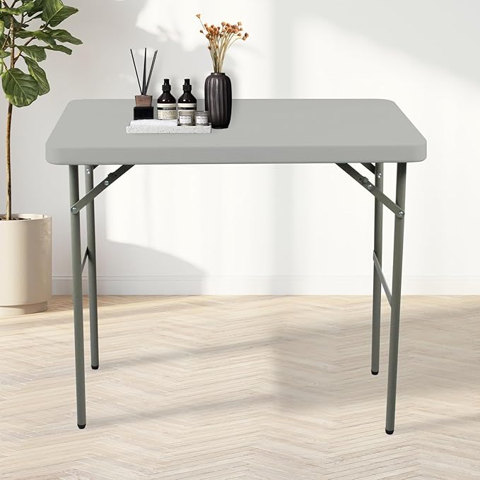 Folding Table 2.7ft Rectangular All-Occasion Plastic Folding Event Table for Indoor and Outdoor, Portable Desk, Camping, Durable and Stable, HDPE and Steel, Wide Application, Grey