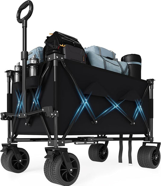 Heavy Duty Foldable Wagon for Beach, Extra Large Collapsible Foldable Wagon for Camping, All Terrain Beach Wagons Extended with Cup Holders for Sand