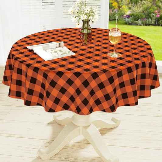 misaya Round Waterproof Vinyl Table Cloth, Buffalo Flannel Backed Tablecloth, Wipeable Plastic Table Cover for Dinner, Kitchen, Picnic (60", Orange and Black)