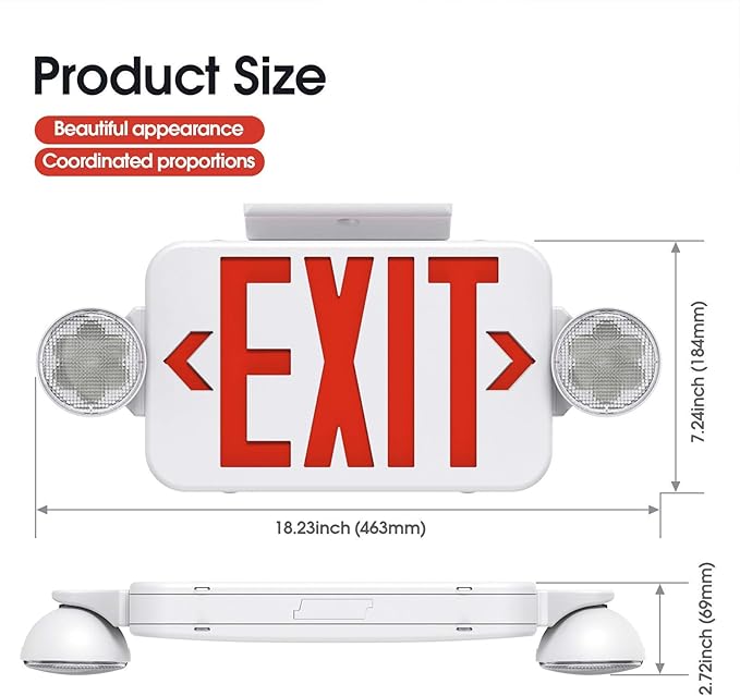 Red Led Exit Sign Emergency Light Combo Adjustable Two Head, Double Sided and Battery Backup Exit Light, Contractor Select, AC 120/277V (4 Pack)