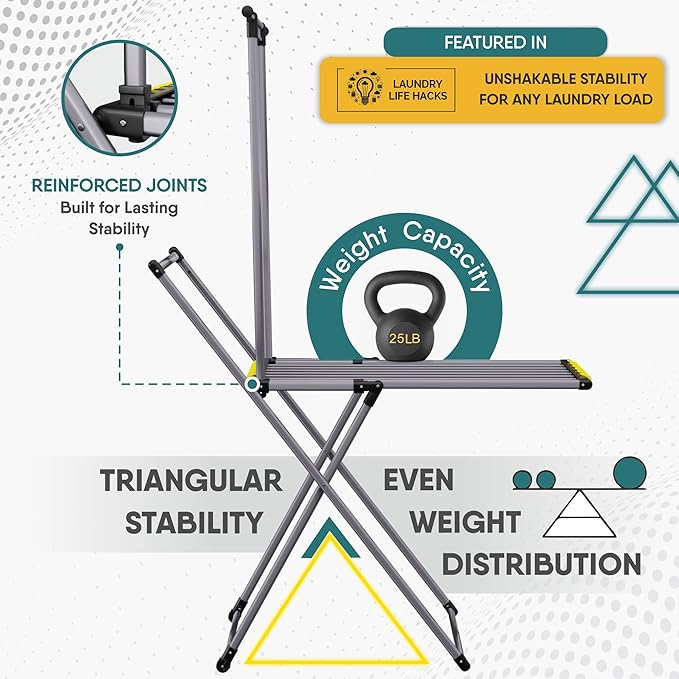 Clothes Drying Rack with Sock Clip, No Assembly, Telescopic Hanging Rod for Long Clothing, Metal Construction, Non-Slip Feet, Hidden Wheels, Foldable, Portable, For Laundry Room, Indoor & Outdoor