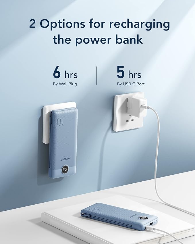 VEGER Portable Charger for iPhone Built in Cables and Wall Plug, 10000mah Slim Fast Charging USB C Power Bank, Travel Essential Battery Pack Compatible with iPhones, iPad, Samsung More Devices(Blue)