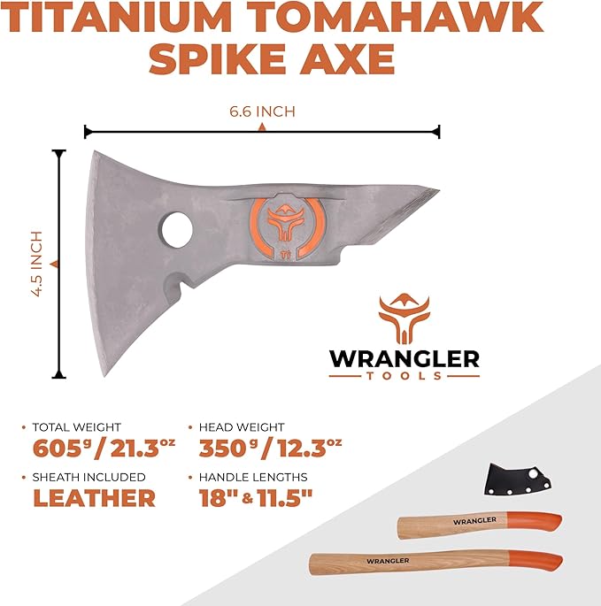 Wrangler Tools - Titanium Camp Axe - 18" & 11.5" Wood Hickory Handles - Tomahawk Axe Spike End - 2-Piece Slip-Fit Design - Includes Blade Sheath and 2 Handles - Survival Axe