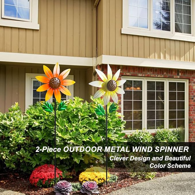 2 Pack Metal Wind Spinners for Outdoor Decor - Garden Windmill Sculptures, Yard Art for Patio Lawn - Vibrant White Daisies & Orange Sunflowers Metal Spinners for Garden Decorations
