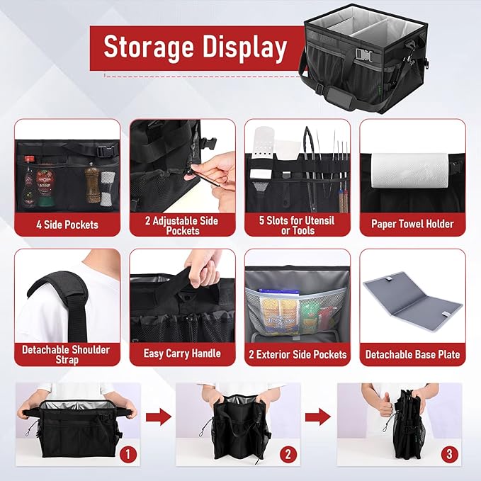 FANGSUN Grill Caddy, BBQ Caddy with Paper Towel Holder, Picnic Griddle Caddy for Outdoor Camping, Barbecue Accessories Storage Organizer for Utensil Grilling Tool, Must Have for Camper Tailgating Rv