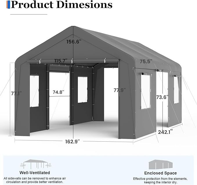 Carport, 13‘ x 20’ Heavy Duty Portable Garage All-Season Car Canopy w/Removable Sidewall & Doors, Carport Canopy Party Tent w/Water-Resistant Tarp for Backyard (Grey, 13‘ x 20')