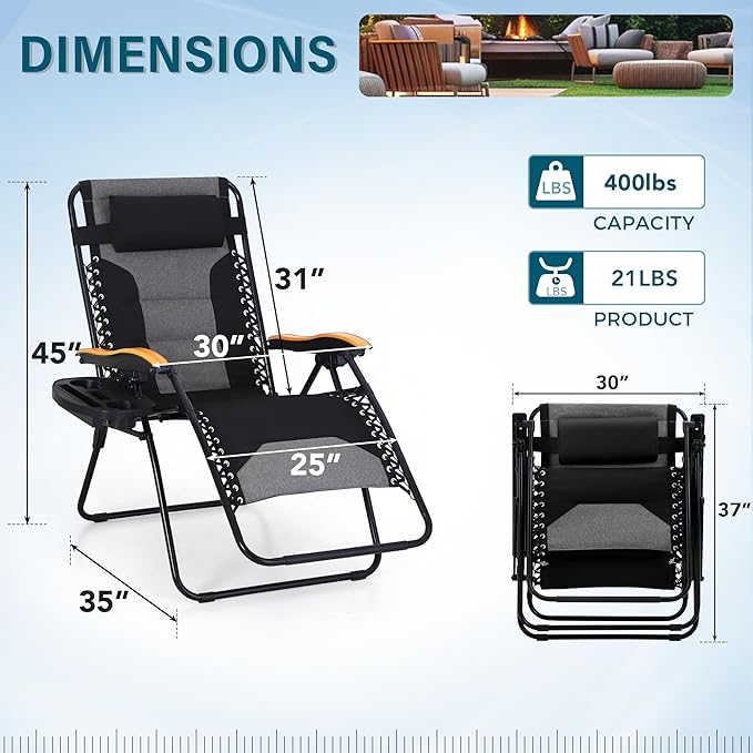 MFSTUDIO Zero Gravity Chairs, Oversized Patio Recliner Chair, Padded Folding Lawn Chair with Cup Holder Tray, Support 400lbs, Black