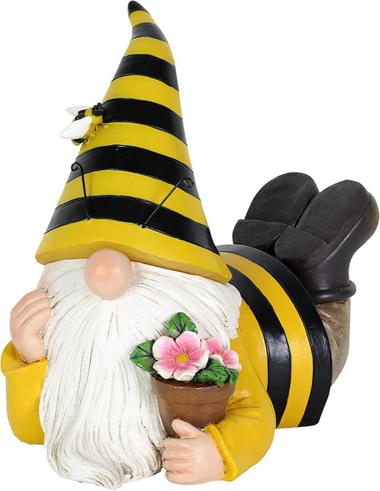 Exhart Solar Beekeeper Garden Gnome Statue, LED Hat, Flowers,Hand Painted Cute Yard Décor,5.5" x 8.5”
