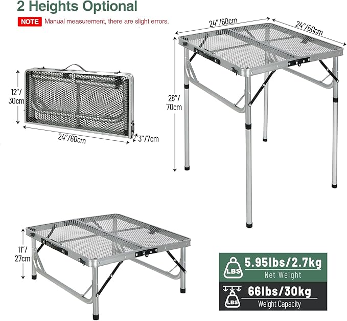 RedSwing Portable Grill Table for Outside, Aluminum Folding Grill Stand Table for Outdoor Camping Picnic BBQ, Lightweight Adjustable Height, 24"x24"x9.8"/27" Sliver