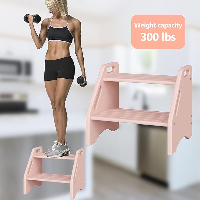 AMBIRD Wooden Step Stool, Two Step Stools Toddler 300 lbs Capacity with Safety Non-Slip Pads and Handles, Bamboo Step Stool for Bathroom, Kitchen Dual Height Step Stools for Kids (Pink)