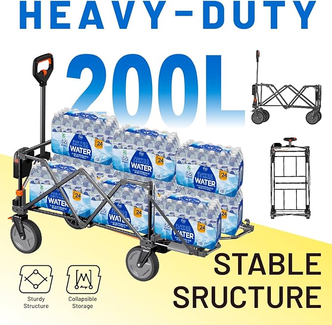 Litheli Electric Utility Wagon Cart, 200L Capacity, 300 lbs Load, Foldable Heavy-Duty Design with All-Terrain Wheels, Variable Speed Drive & Battery Power for Camping, Beach, Garden & Shopping